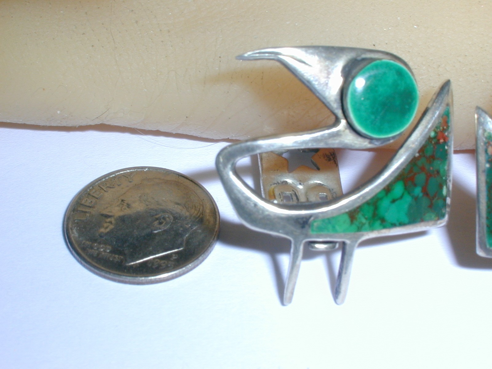 RARE-GRAZIELLA LAFFI PERU STERLING ABSTRACT BIRD GREEN ENAMEL CLIP-ON EARRINGS!