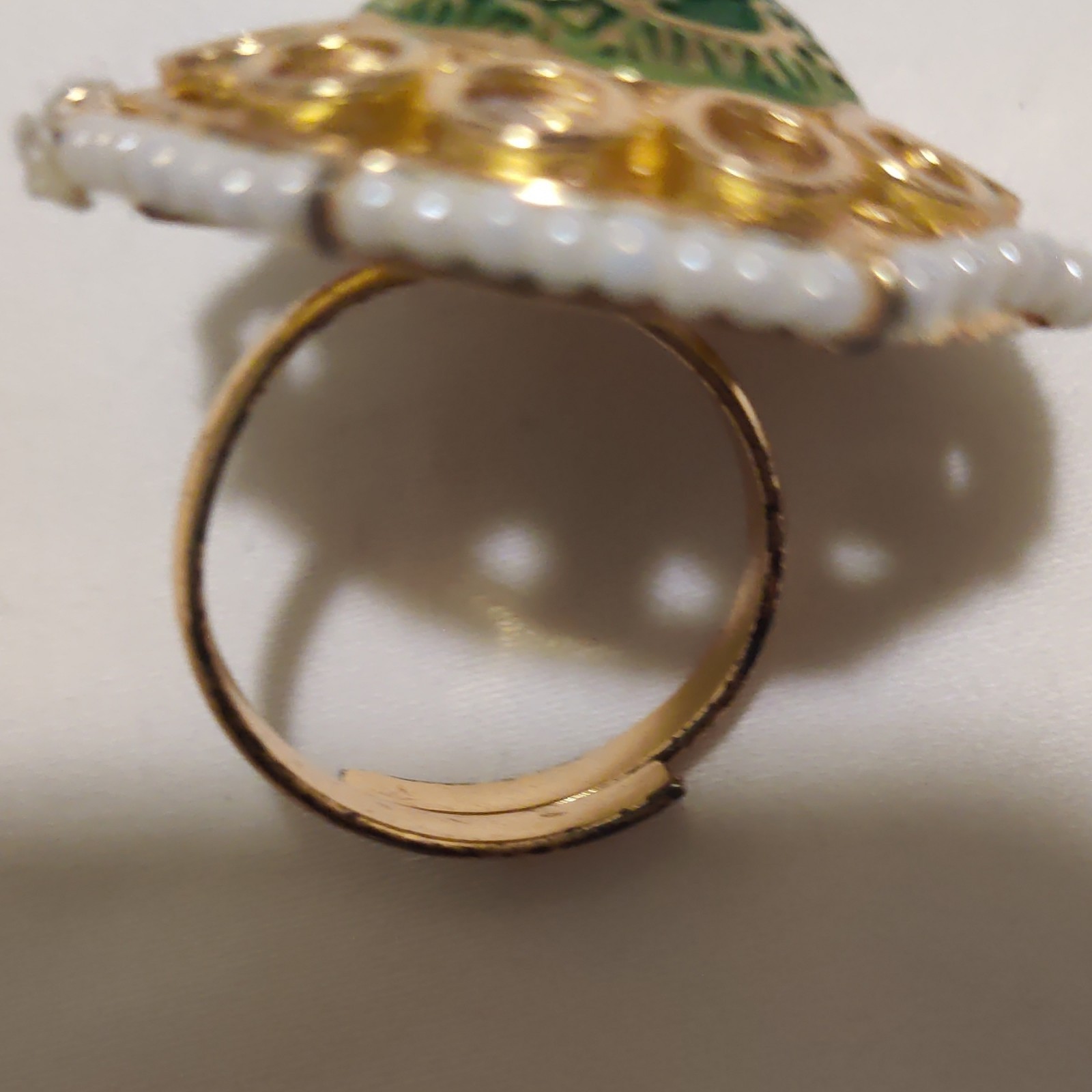 Gold Tone Round Cocktail Ring Red Stone Green Dome White Beads adjustable size