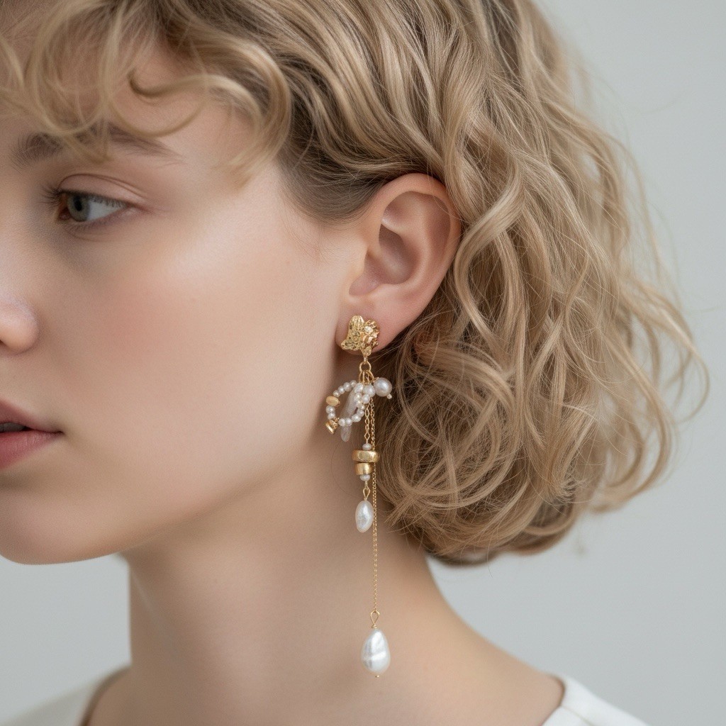 Anthropologie Pearl Hoop Mismatch Molten Earrings Nugget Gold Stud Bead Chain