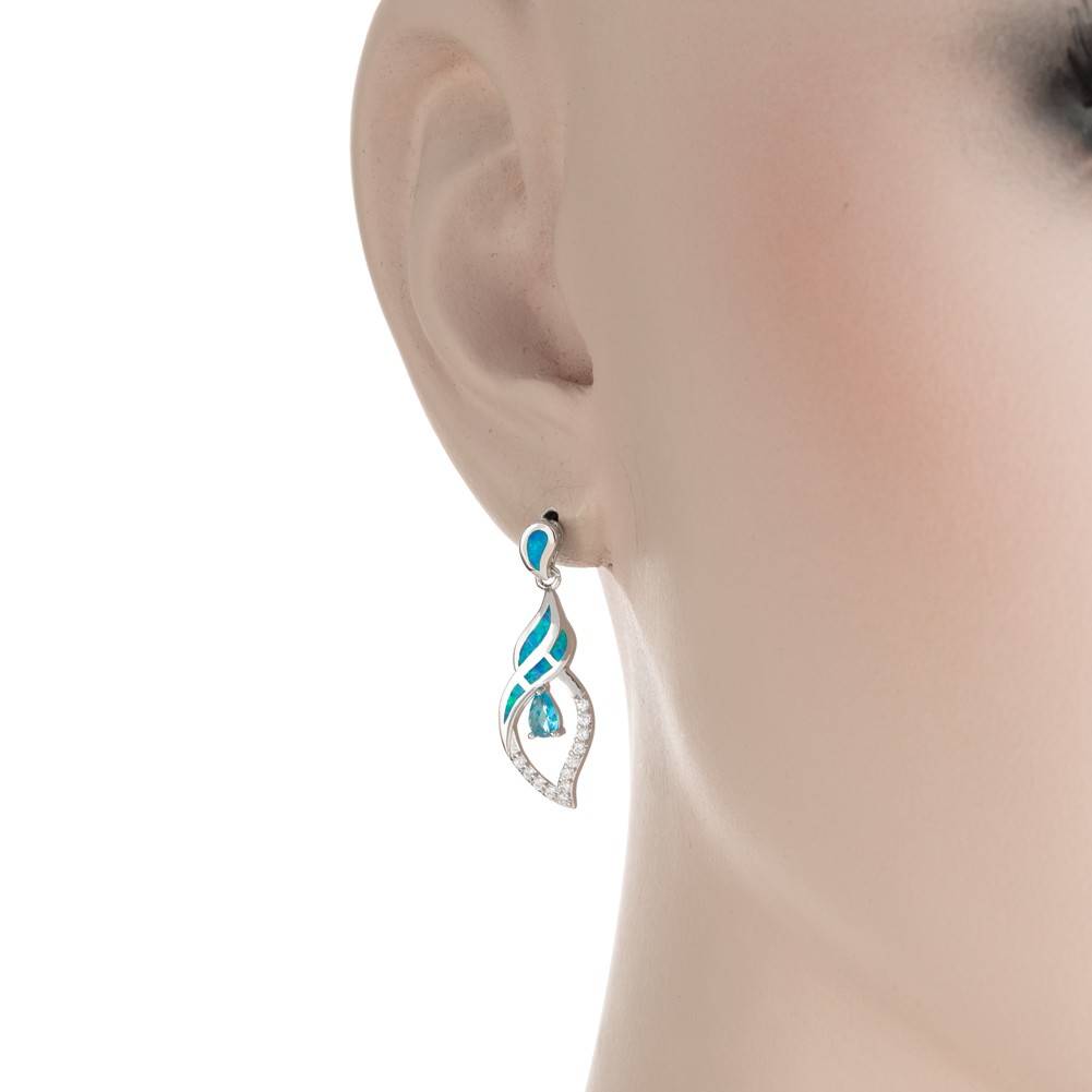 3×5 Simulated Blue Topaz Blue Fire Opal Silver Jewelry Drop Pierced Earrings
