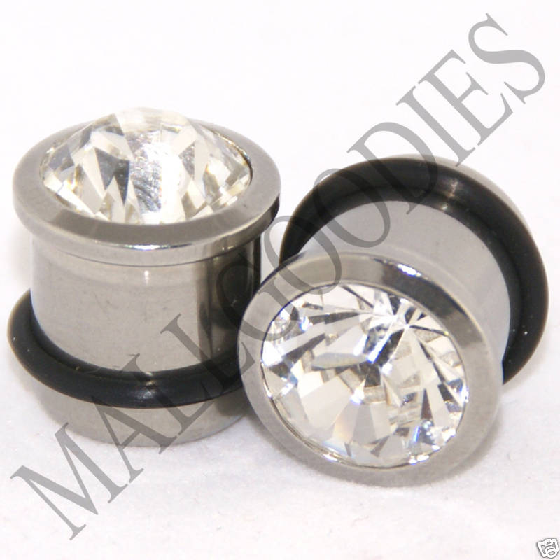 0311 Steel Solid Clear Faceted Crystal Gem Retainer Ear Plugs 1/2″ Inch 12.7mm