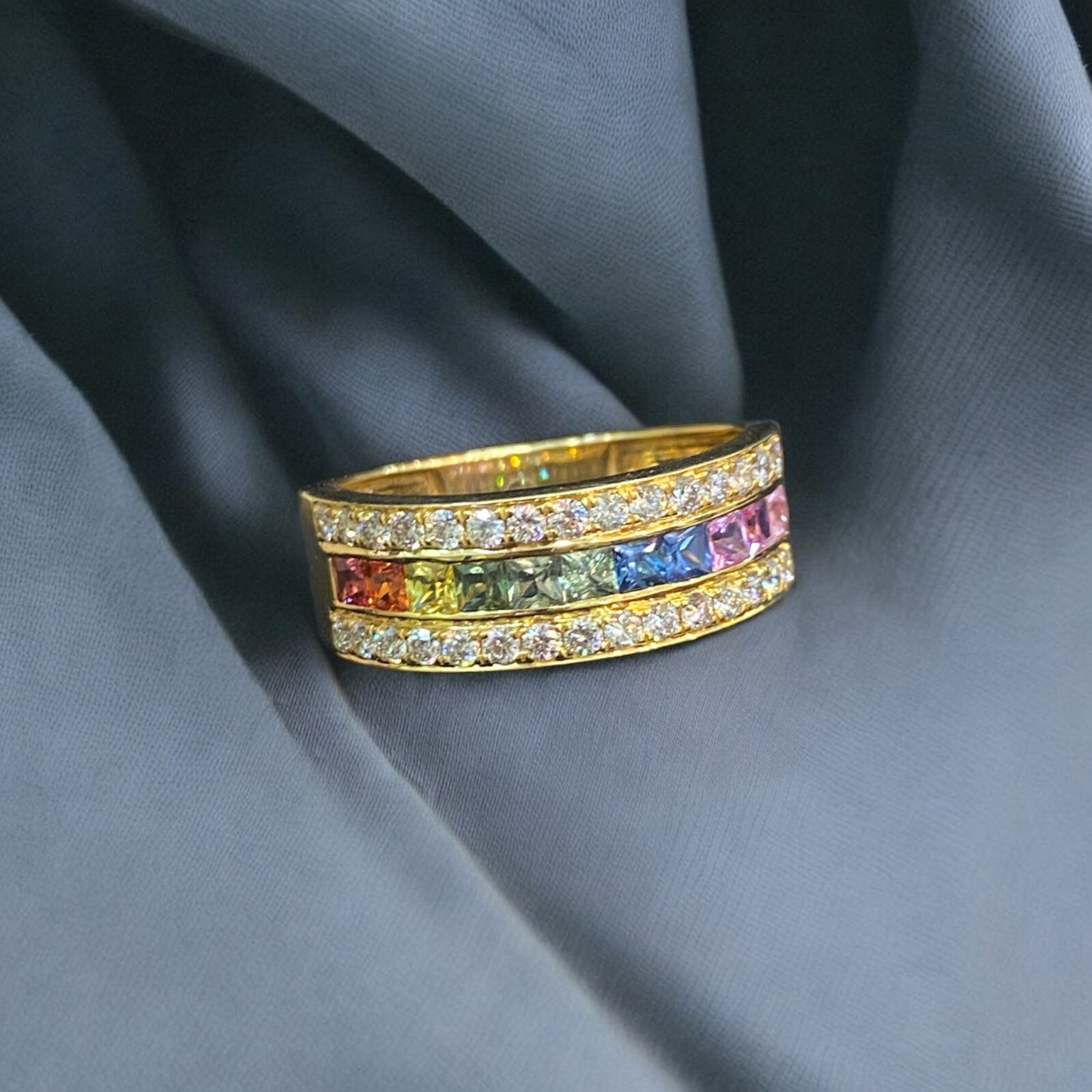 2.52 TCW Round Brilliant Diamonds Multi Color Princess Sapphire Ring in 18K Gold