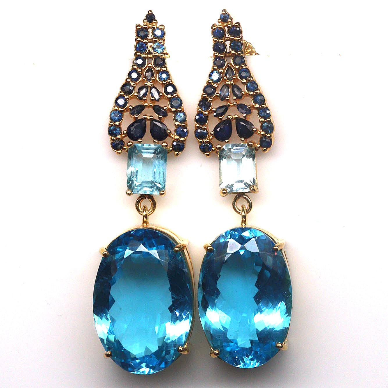 925 Sterling Silver 18 x 26 mm. Swiss Blue – Sky Blue Topaz & Sapphire Earrings