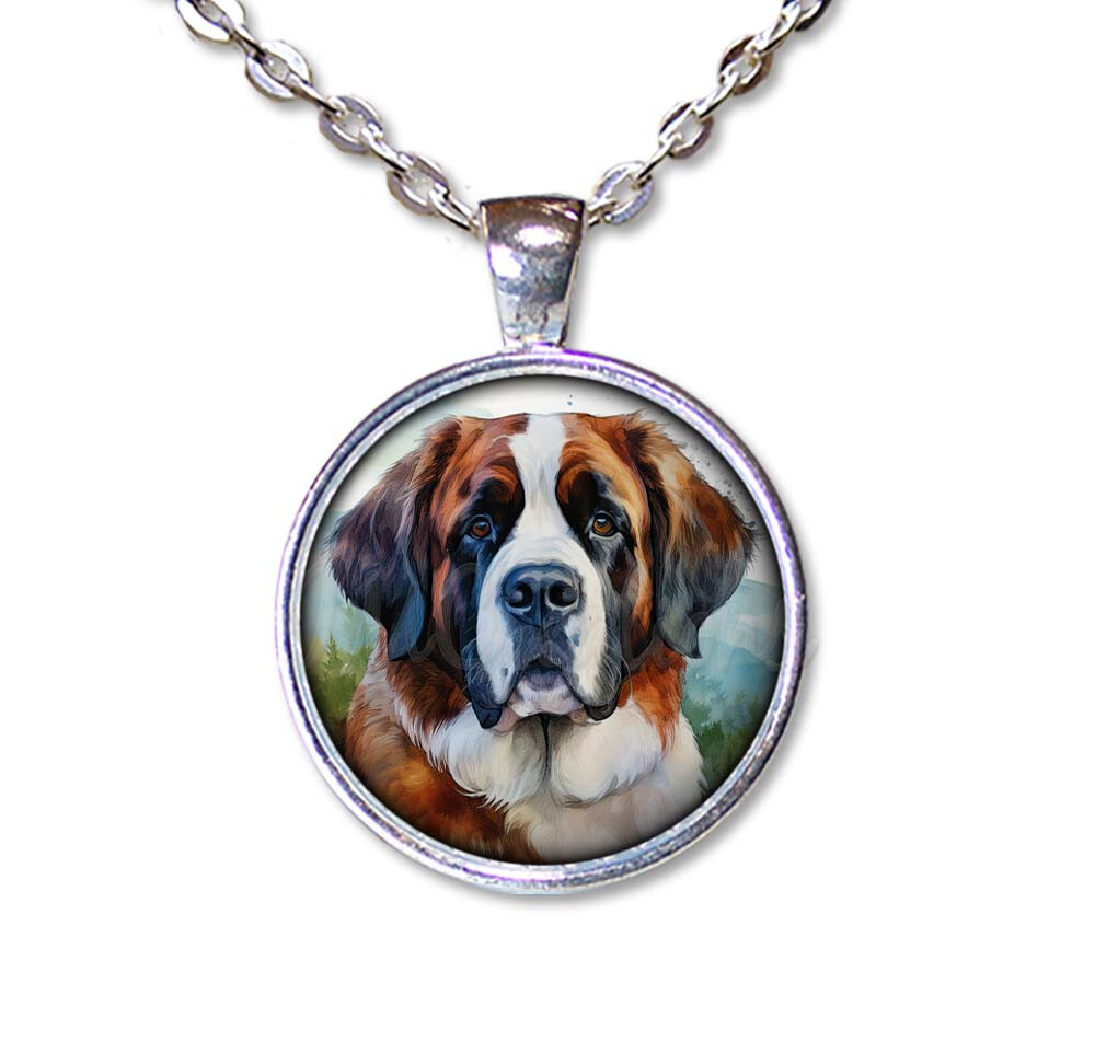 FFriendly St. Bernard Dog Lovers – Handmade ROUND Glass Pendant Necklace