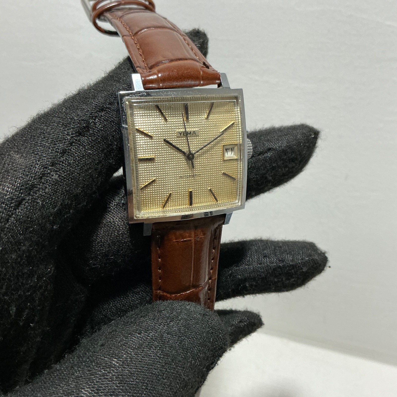 Vintage Yema Automatic Arabic Date Textured Dial Square 29mm Swiss