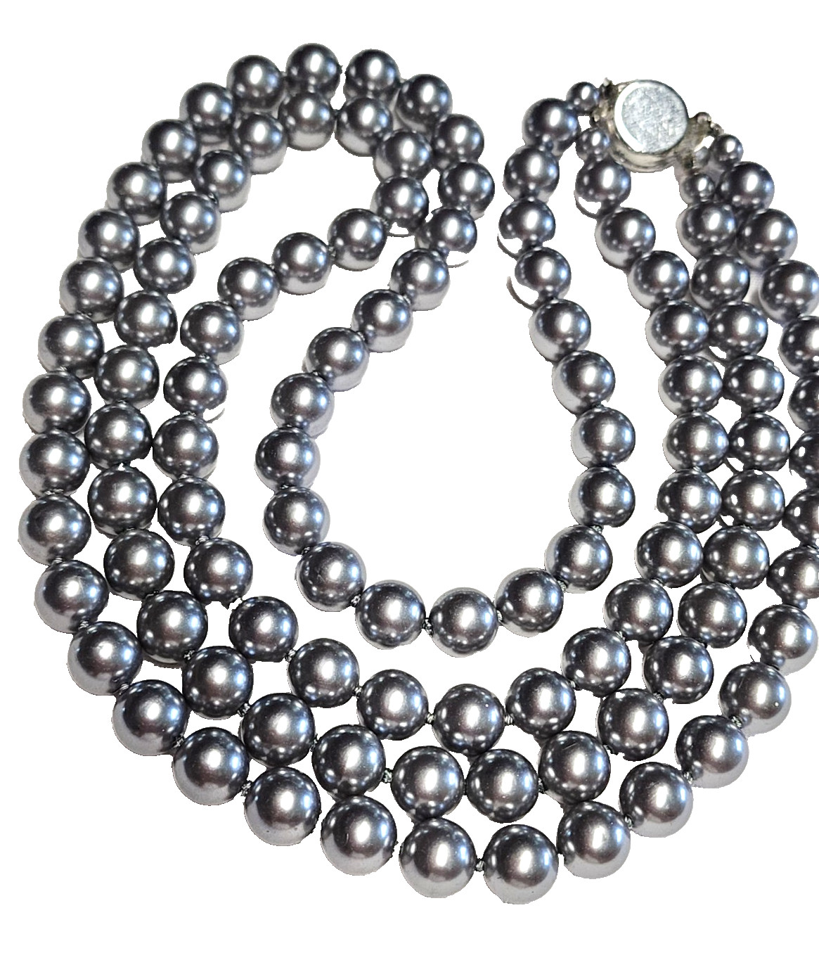 Vintage Silver Gray Long Faux Glass Pearl Necklace Pretty Push Lock Clasp 22”