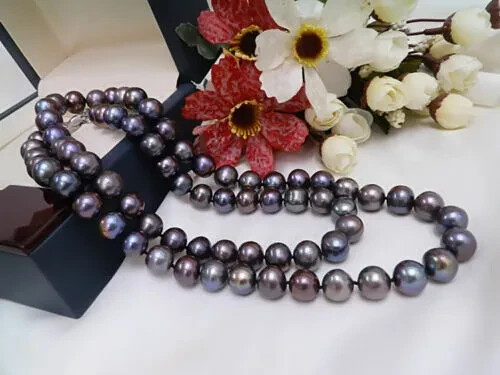 Elegant 8-9mm natural Tahitian black pearl necklace 24 inch 14k buckle