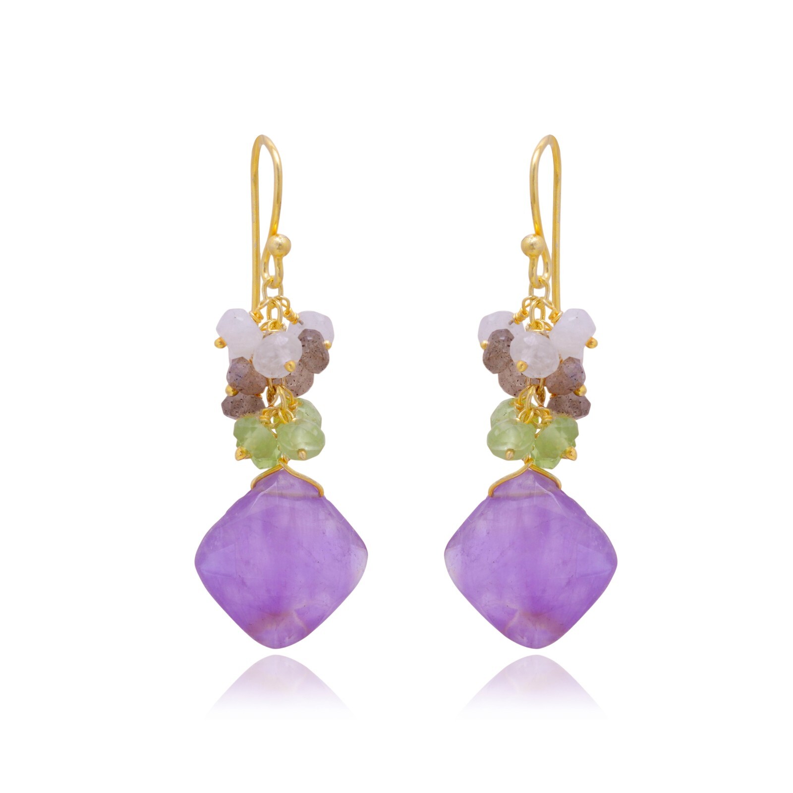 14k Gold Plated Earring Amethyst and peridot,Labradorite,Moonstone Cluster Drop
