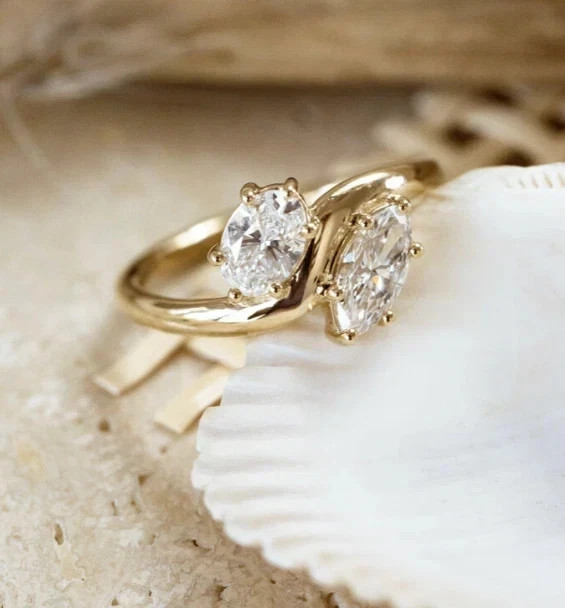 2Ct Marquise & Oval Cut Lab Created Diamond Toi Moi Ring 14K Yellow Gold Plated