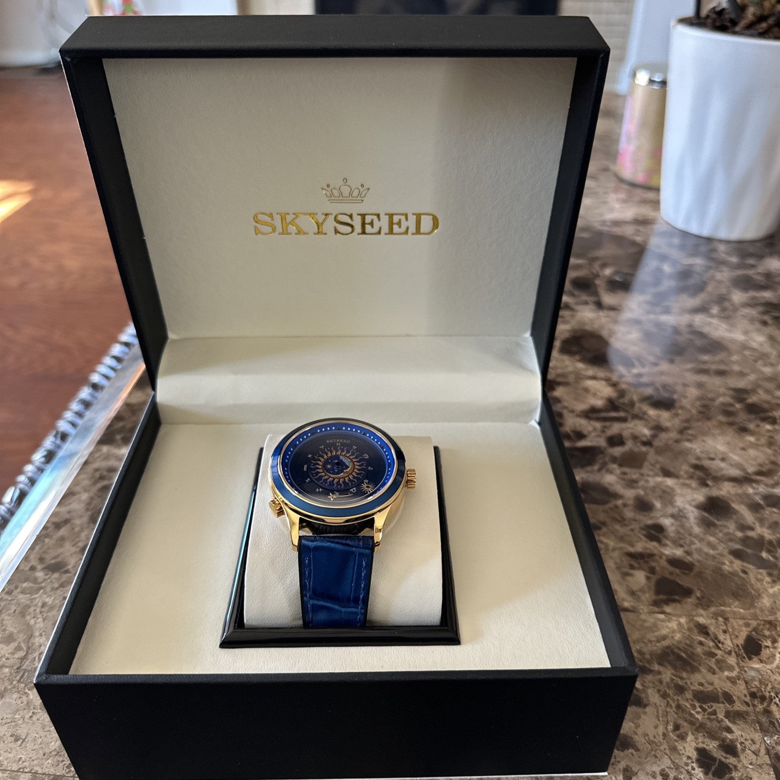 SKYSEED Celestial Blue Leather Band Men’s Analog Wristwatch Gold Accents Box