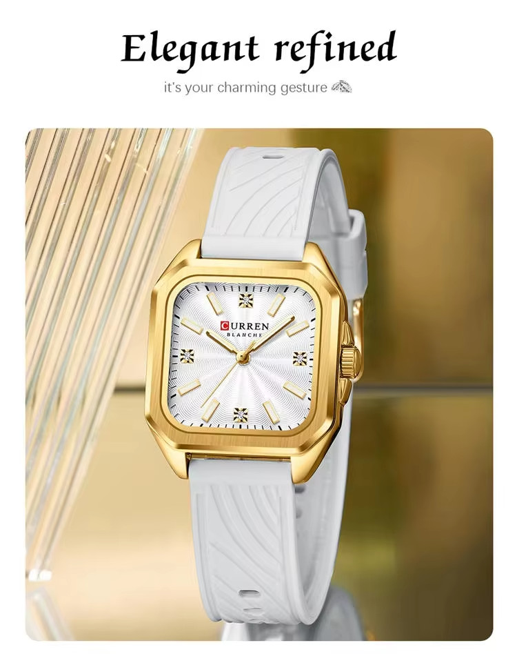CURREN Womens White Leather Watch Gold Square Case Quartz 3ATM 30mm