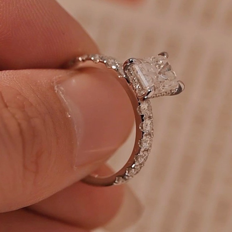 1.95Ctw Radiant Cut Moissanite Hidden Halo Engagement Ring 14K White Gold Plated