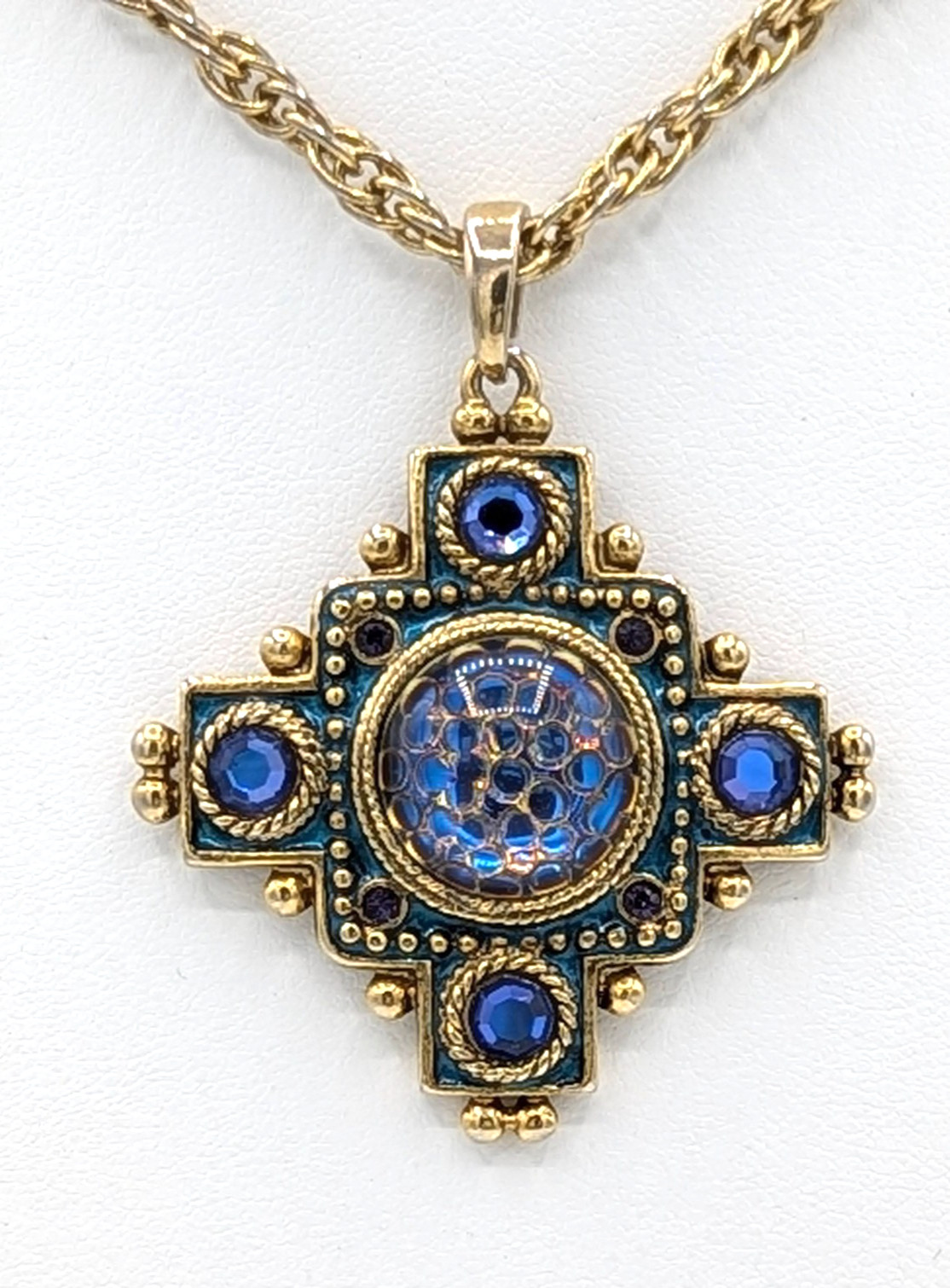 Vintage Etruscan Revival Maltese Cross Pendant Necklace Blue Art Glass