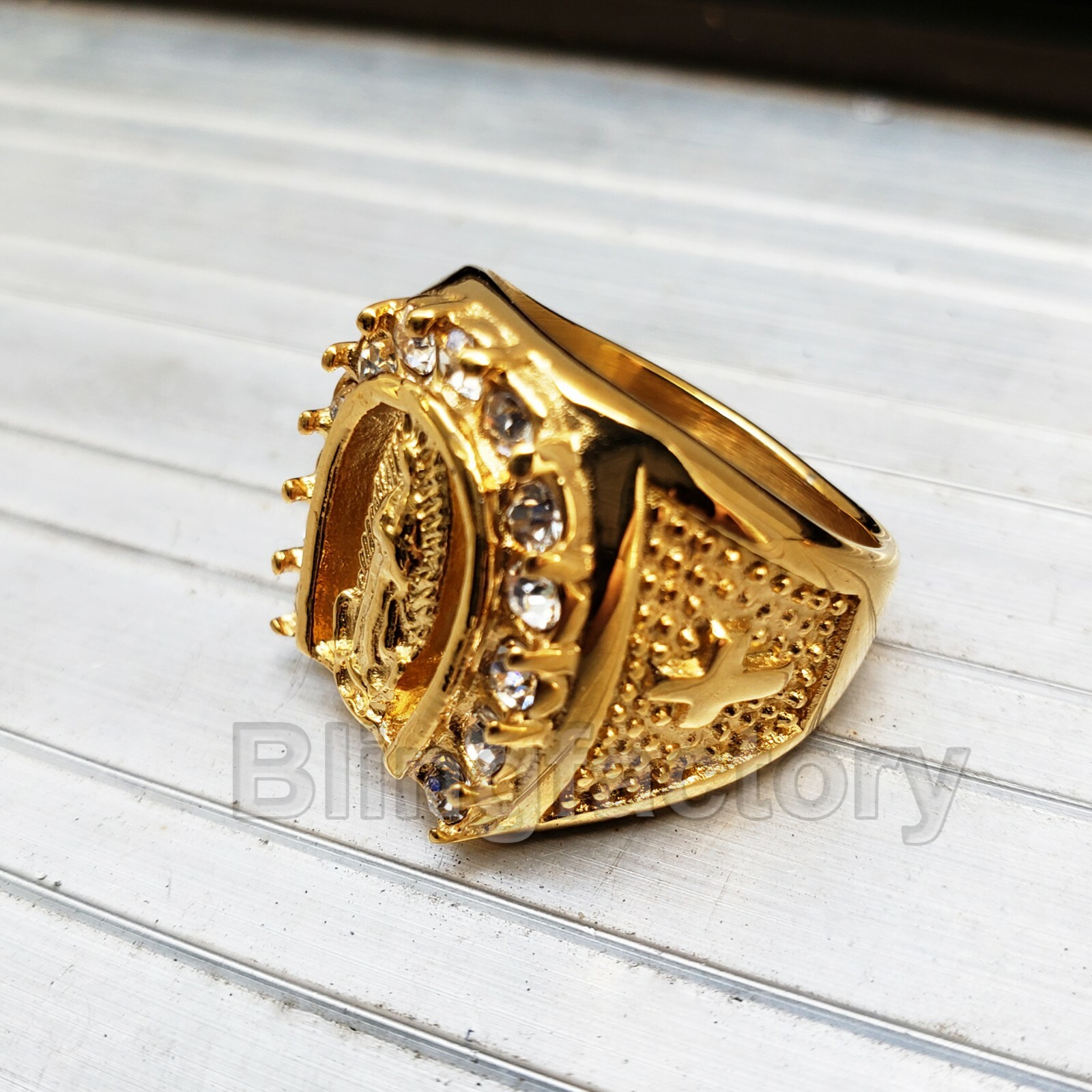 GOLD STAINLESS STEEL HIP HOP ICED GUADALUPE CUBIC ZIRCONIA RING SIZE 8~12 S09