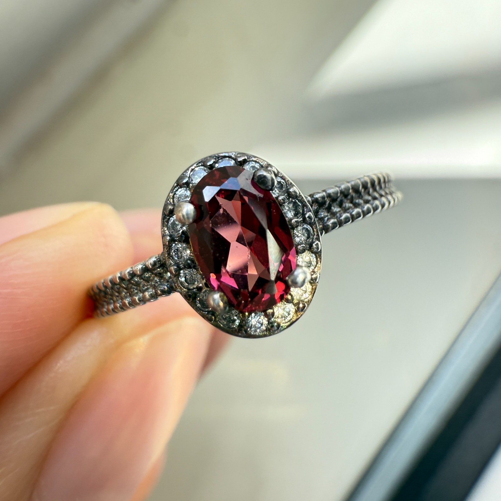 925 Sterling Silver Ring 6x4mm Natural Rhodolite Garnet Zircon Flower Red Gift