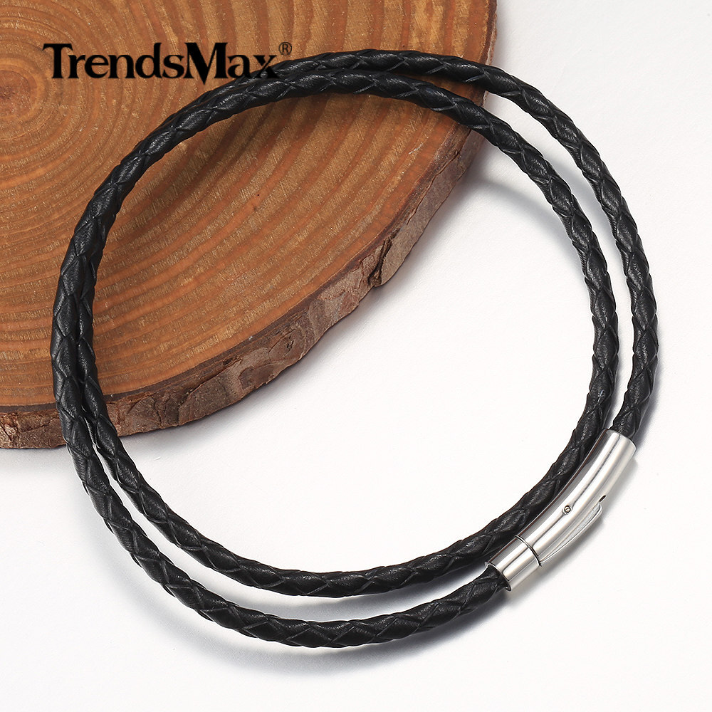 4MM Man-made Braided Leather Rope Cord Necklace Stainless Steel Push Lock 16-30″