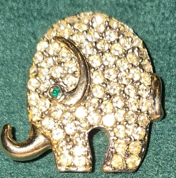 Vintage Rhinestone Elephant Pin Brooch with a Gold Tone Metal One Of A Kind