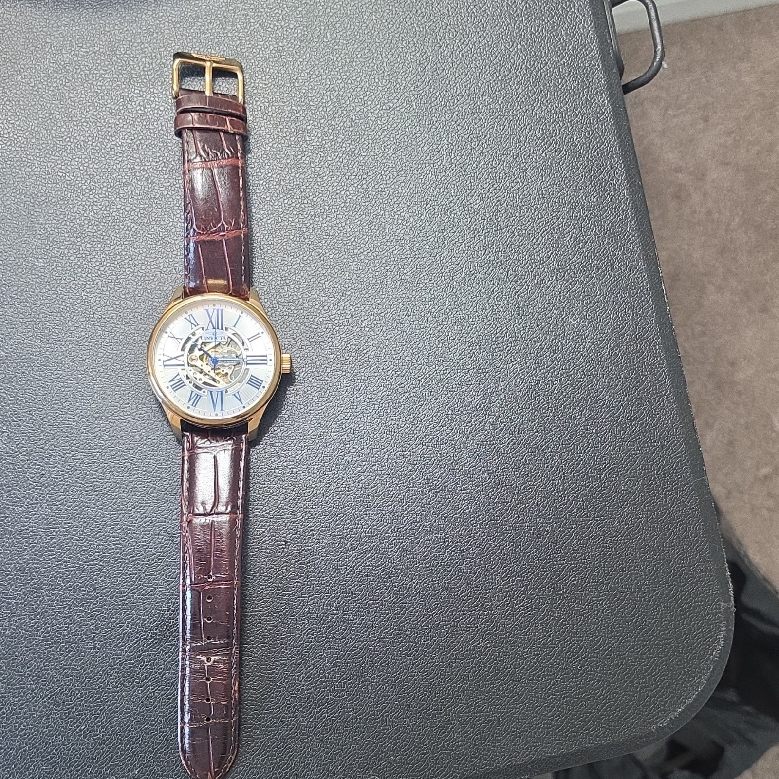 Invicta Men’s Auto Open Heart Roman Dial 40mm Gold Case Brown Leather