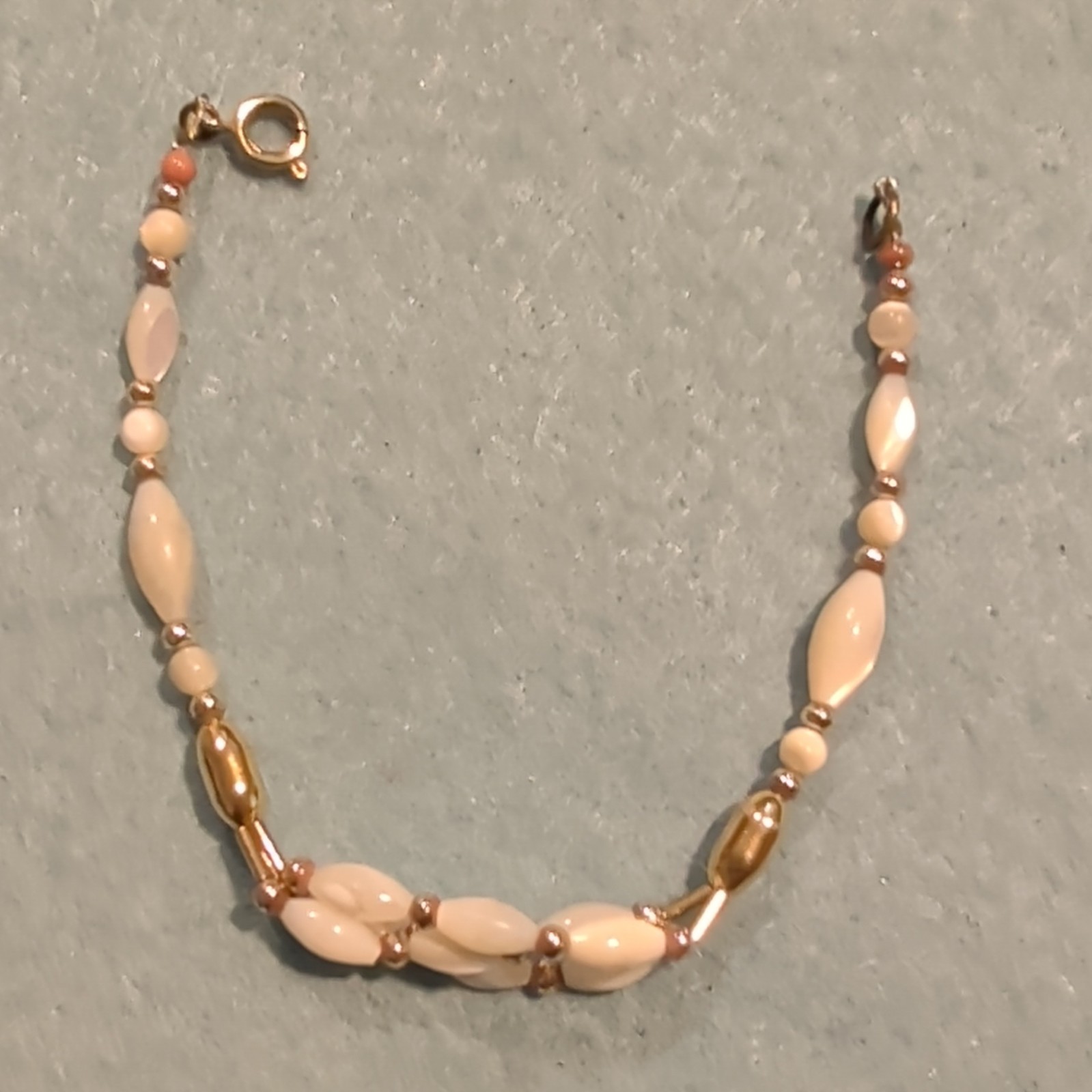 Pink Marquise Beaded Bracelet Gold Tone Accents Bead Chain Lobster Clasp