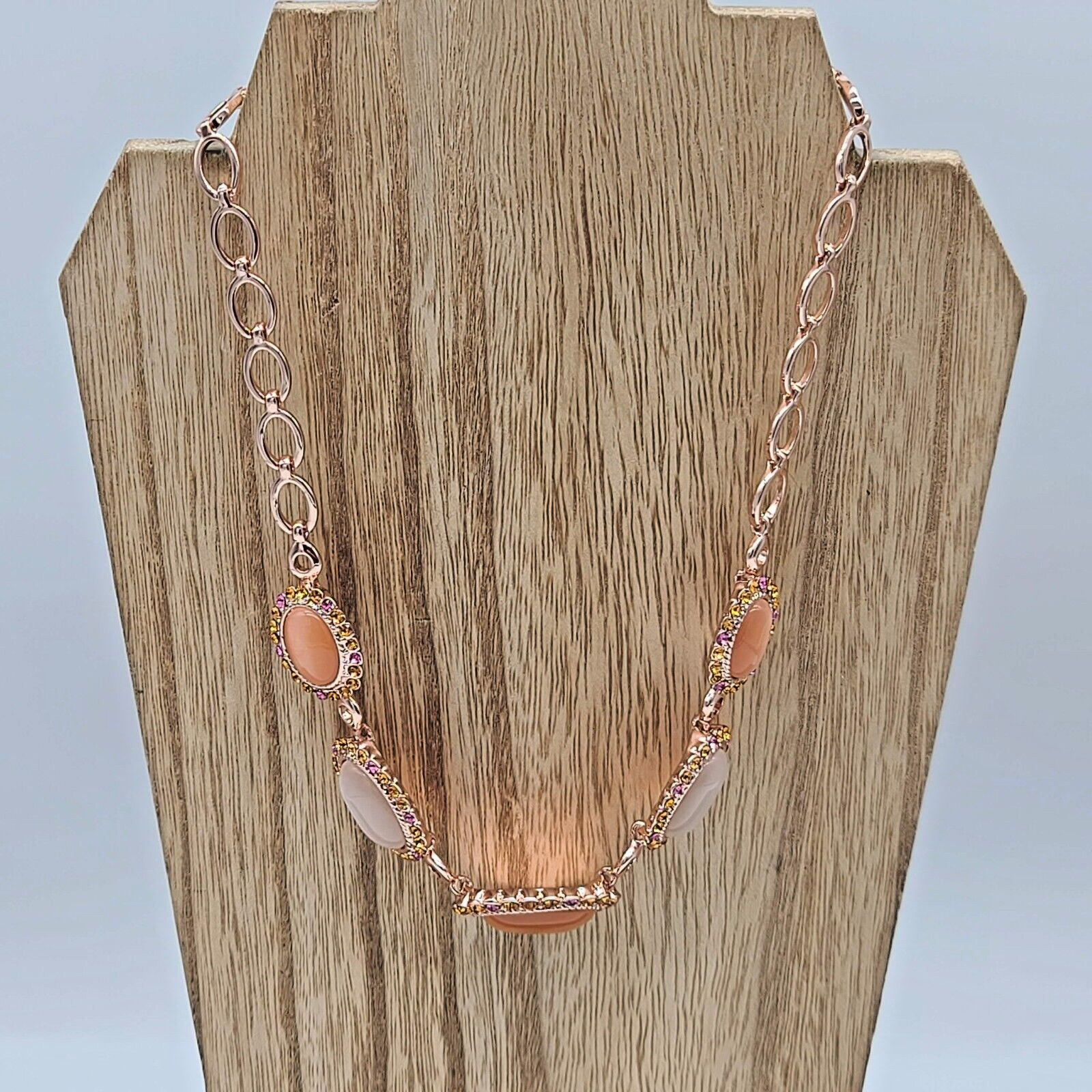 7 Charming Sisters Pink, Orange & White Moonstone, Crystal & Rose Gold Necklace