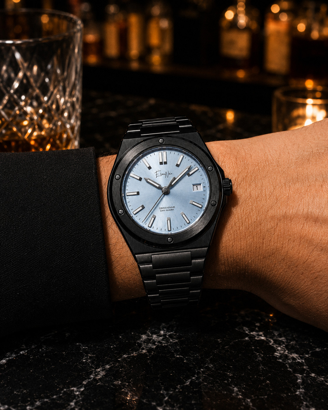 Custom Élan Noir Day-Mark Auto NH35 Watch Light Blue Dial Sapphire Steel 41mm