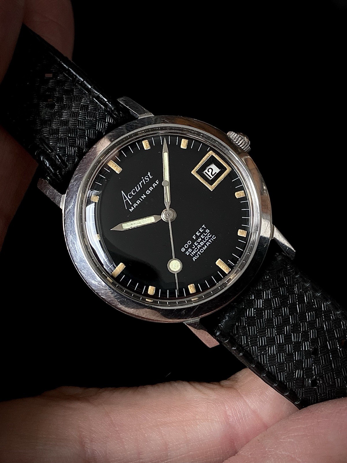 1960s Accurist Marin Graf 600 feet black dial Divers watch ETA 2452 date Tropic