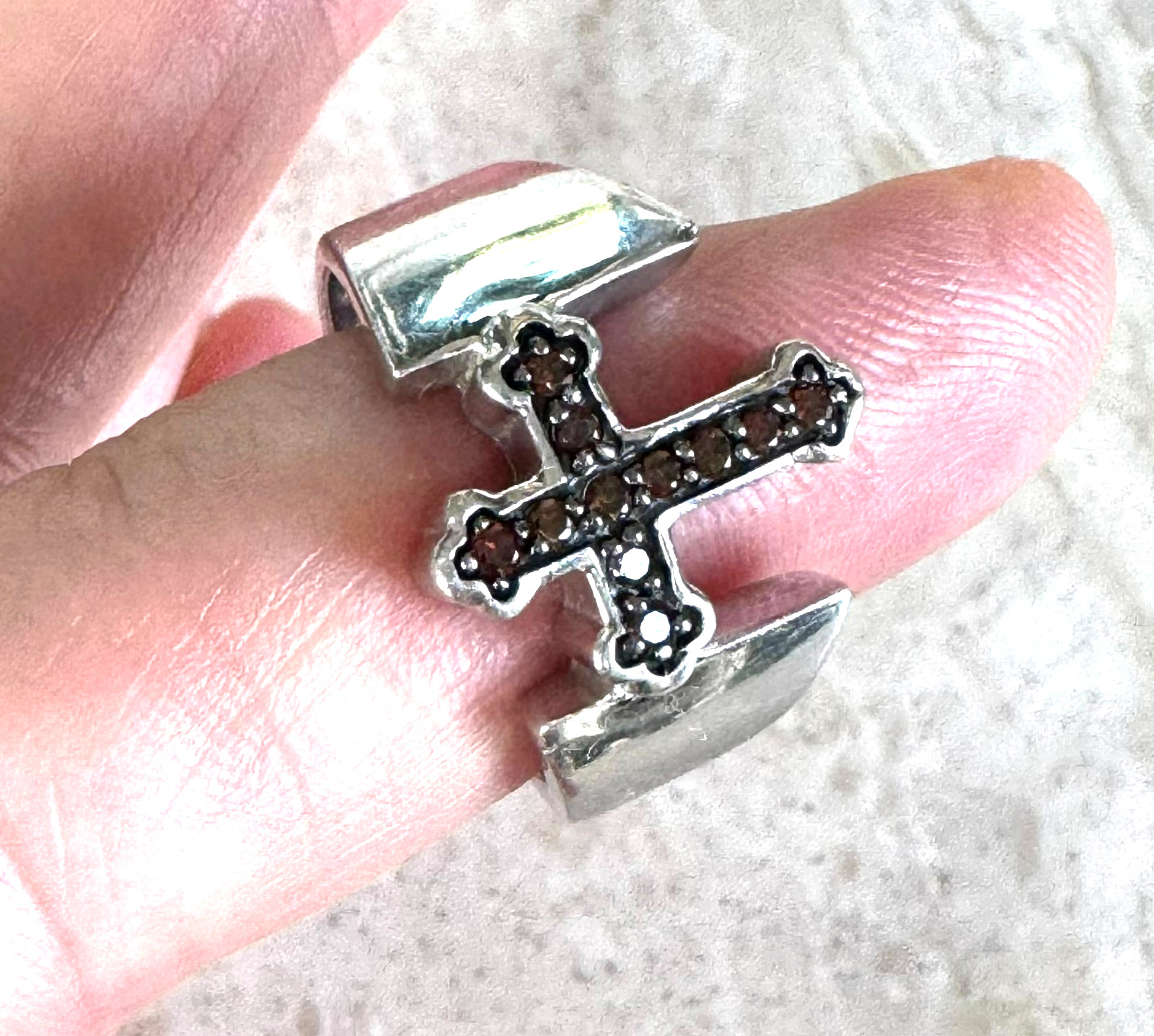 Sterling Silver 925 Cross Ring Unisex Sz7 Red Burgundy Diamond Accent Wide Band