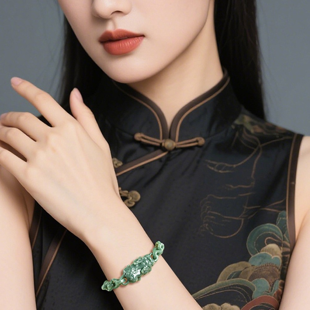 Certified Grade A Green Natural Burma Jade jadeite Interlocking PiXiu Bracelet