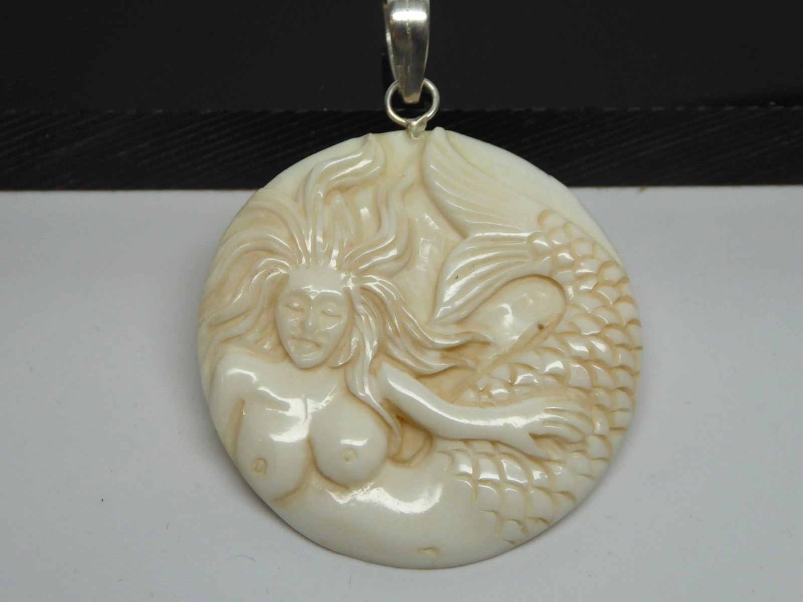Mermaid Siren Water Buffalo Bubalus Bubalis Bone Carved Round Pendant Necklace
