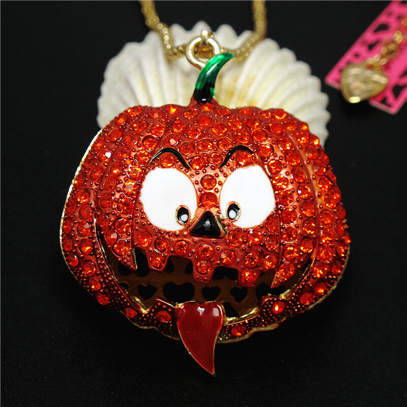 New Orange Crystal Halloween Big Pumpkin Fashion Women Sweater Chain Necklace