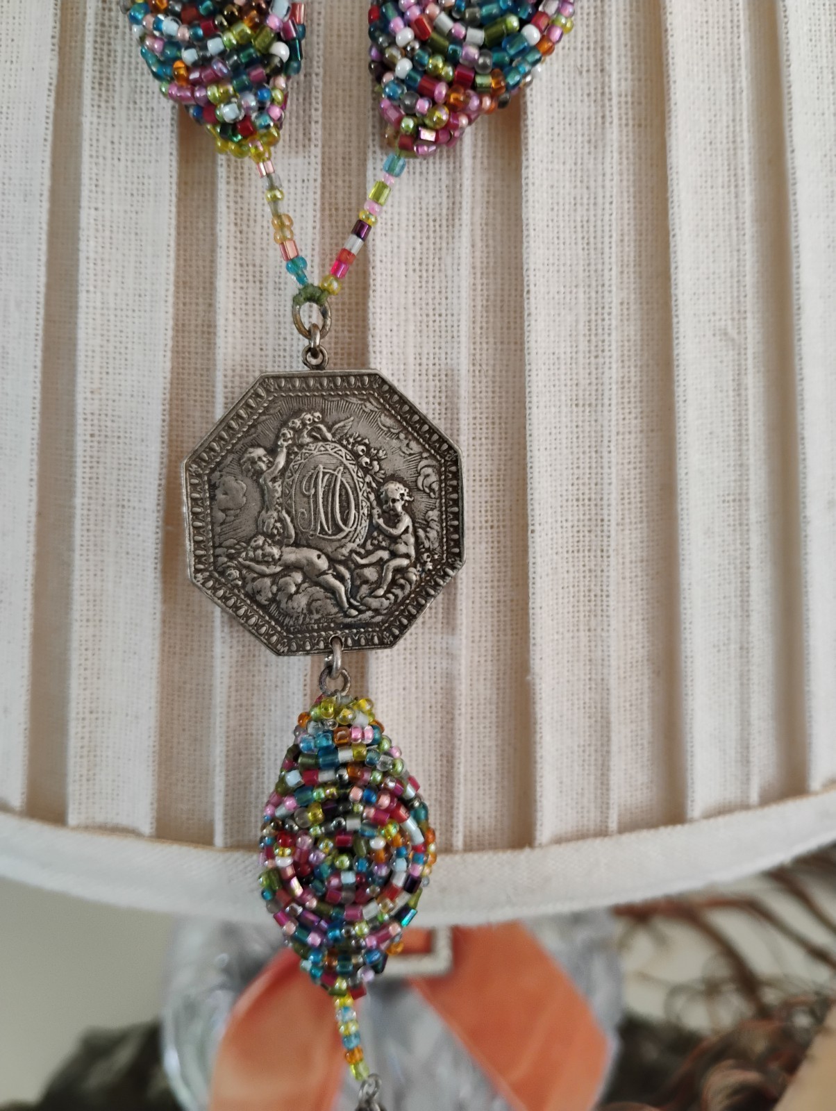 Stunning Antique Medal With Vintage Seed Beads Tassel Necklace Original