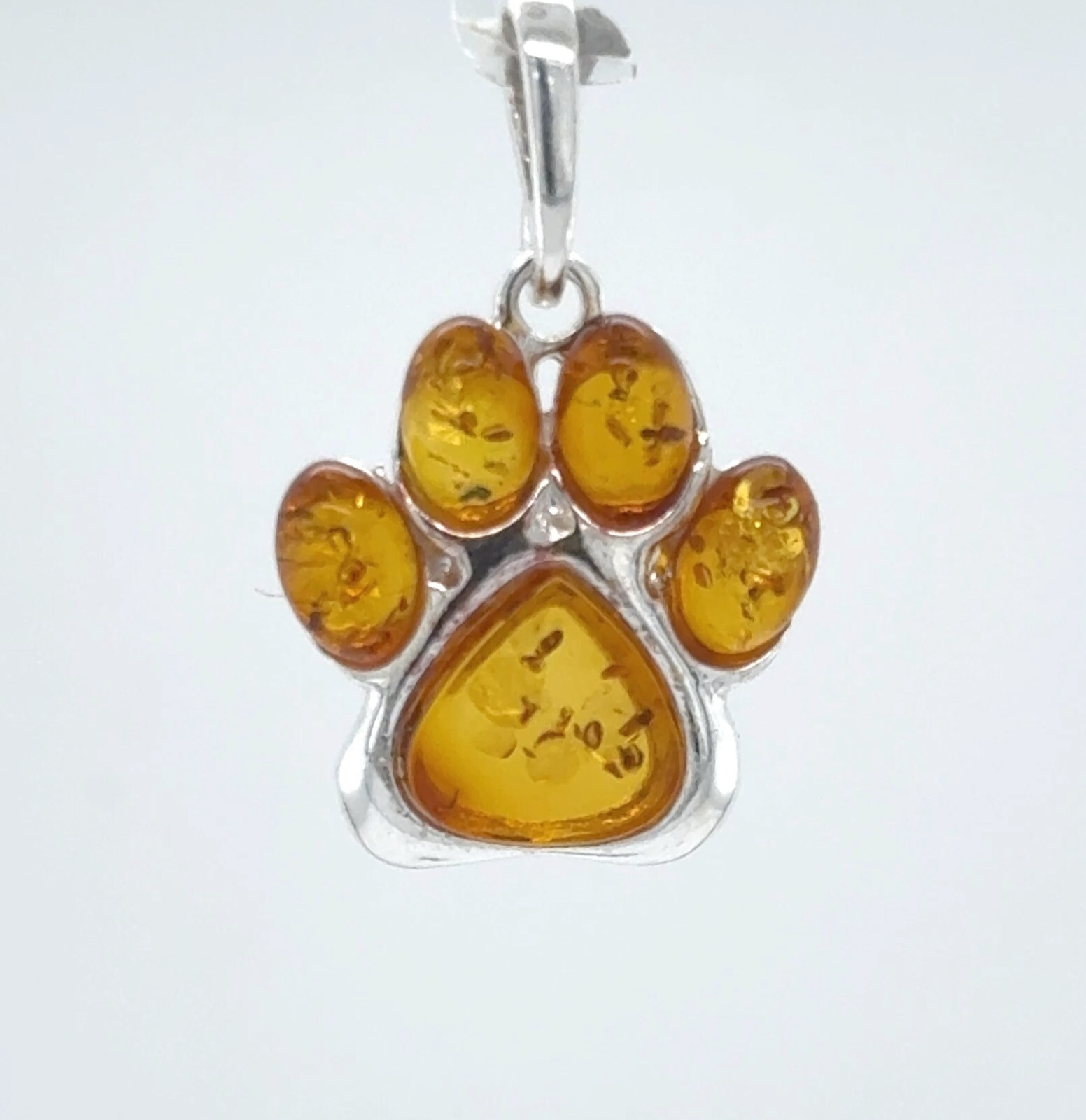 Cognac / Brown BALTIC AMBER Paw Pendant – 925 STERLING SILVER – Poland #4206e