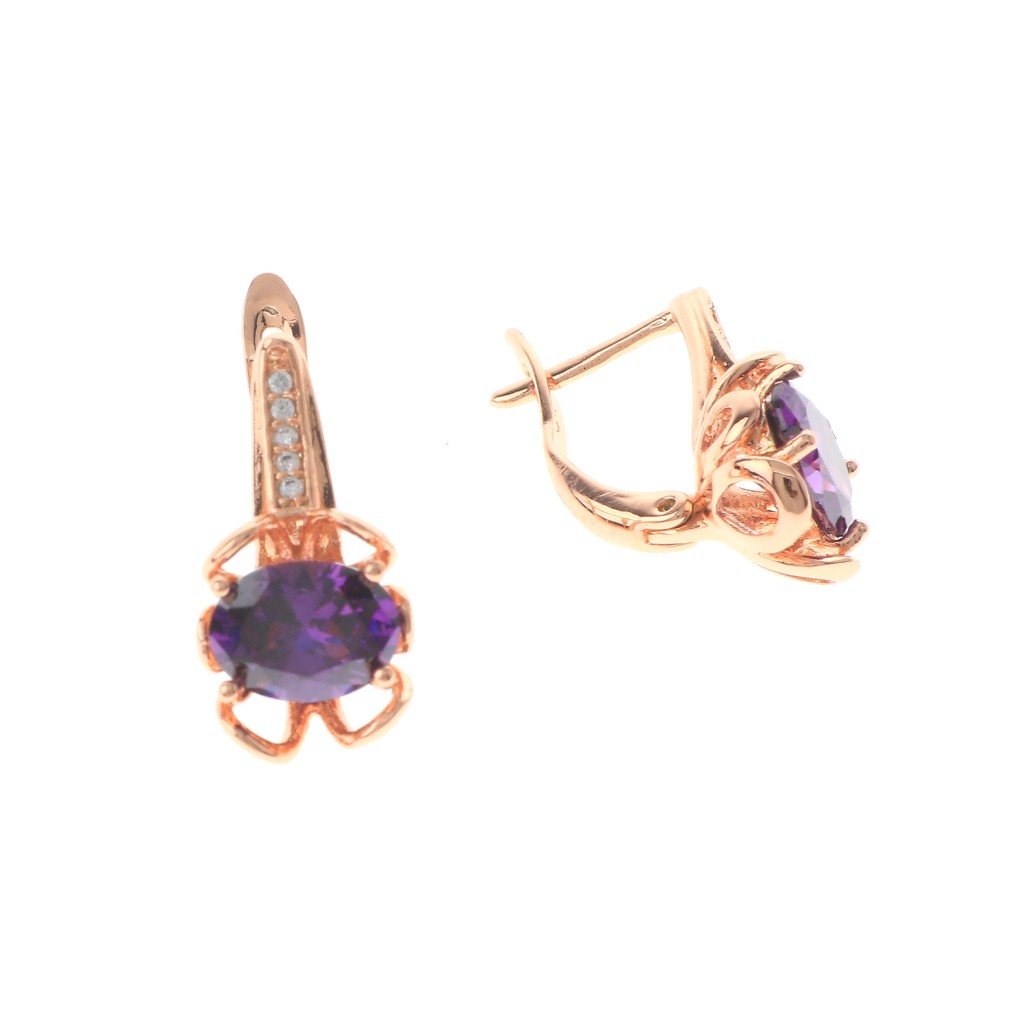 Rose Gold Tone Alloy Metal English Lock Cubic Zirconia Stud Earrings XPE1665-PUR