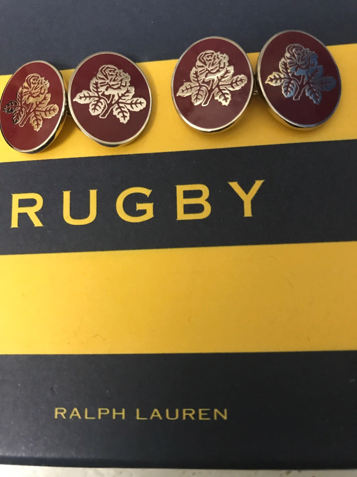 Polo Ralph Lauren Rugby Men Vintage Inspired Collegiate Rose Cufflink Red Silver