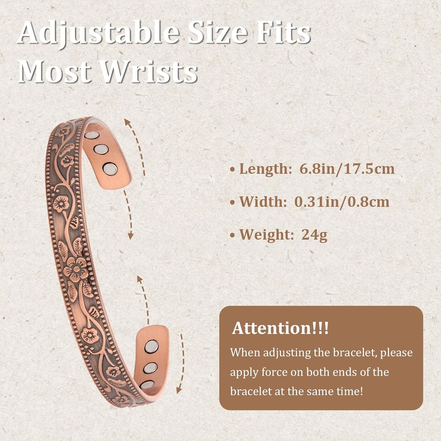 Elegant 99.9% Pure Copper Magnetic Bracelet with Vintage Flower Design