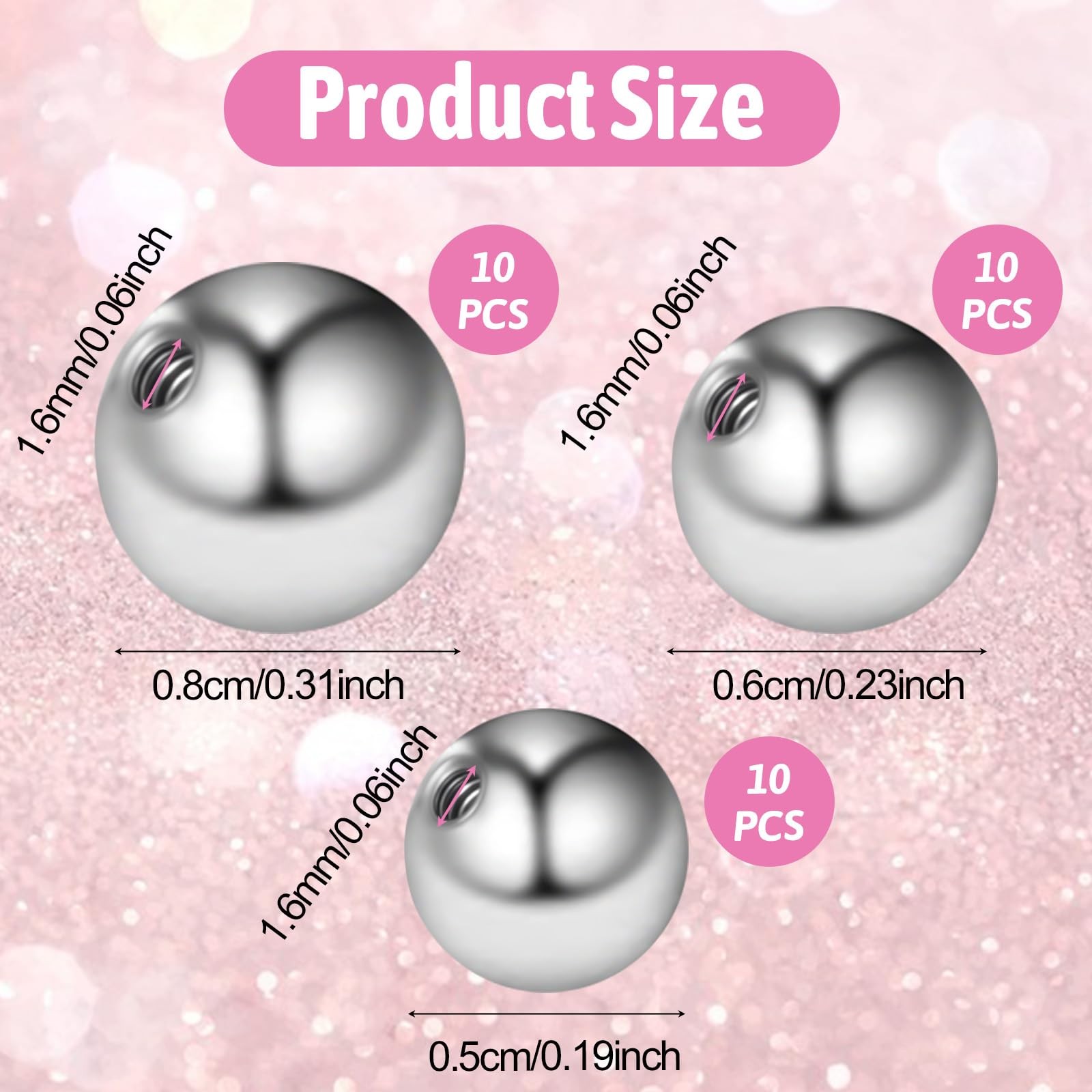 30Pcs 14G Balls for Piercing Jewelry, Externally Threaded Surgical Steel Ball…