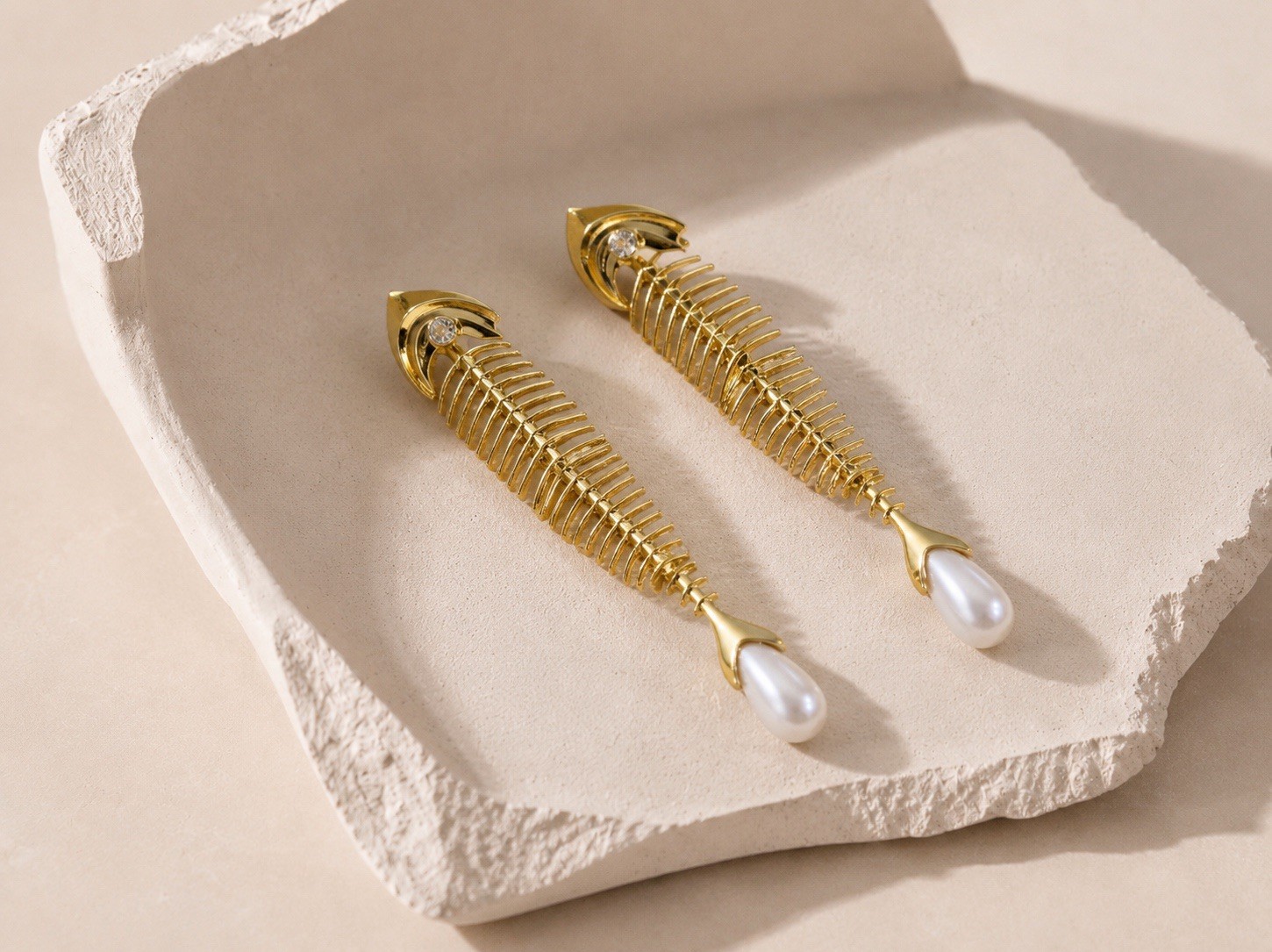 Fish Bone Earrings Pearl Skeleton Long Gold Boho Stud Zara Statement CZ Boho VTG