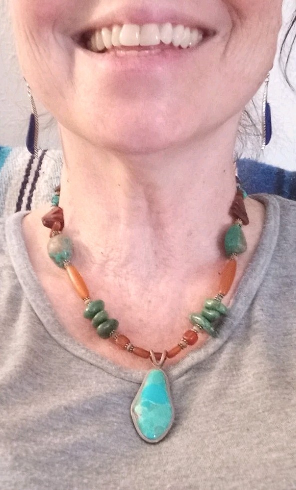 Signed BARSE .925 Sterling Silver Turquoise & Amber Necklace 52.55 Grams 18″ L