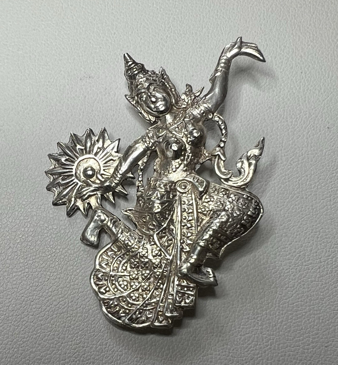 Vintage Siam 925 Sterling Silver Brooch Mekkala Goddess of Lightning Thai Dancer