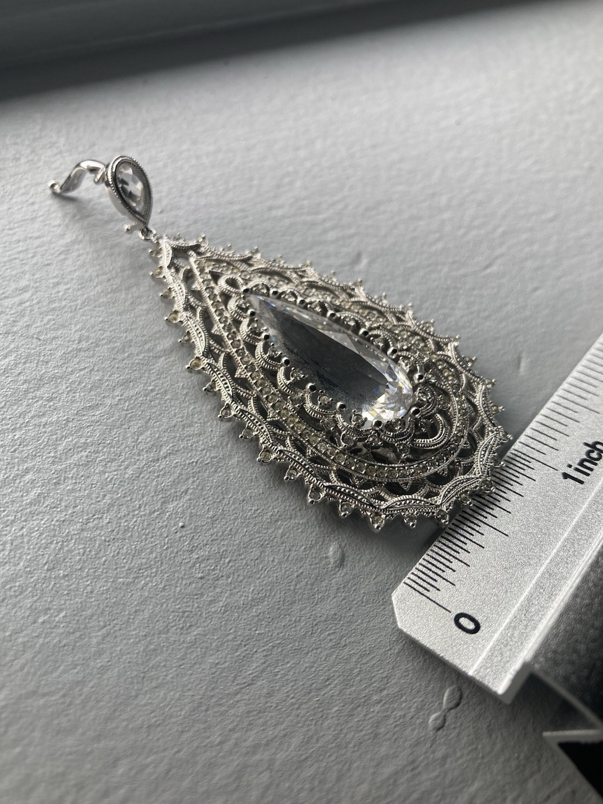 Big, Ornate Wedding Cocktail Party Teardrop Silver Pendant. Gem. Clip Bale.