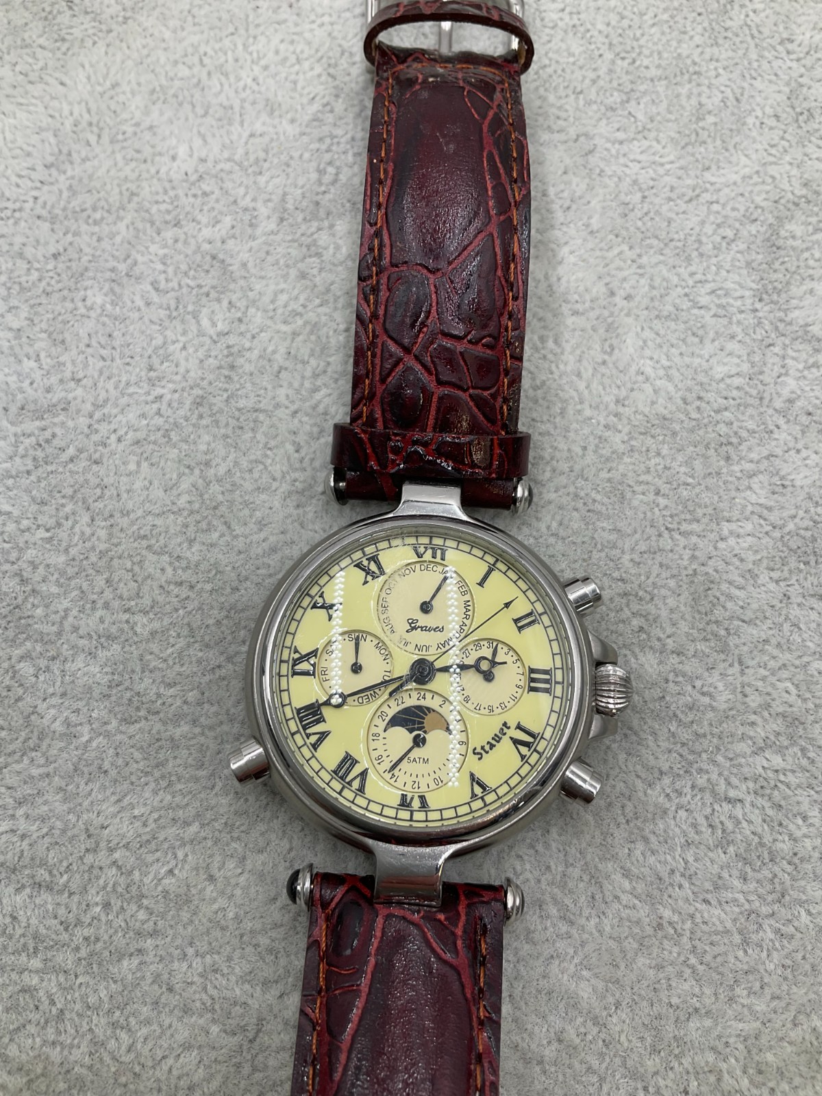 Stauer Graves 33 Five Face Automatic Men’s Watch Red Leather Strap working N6