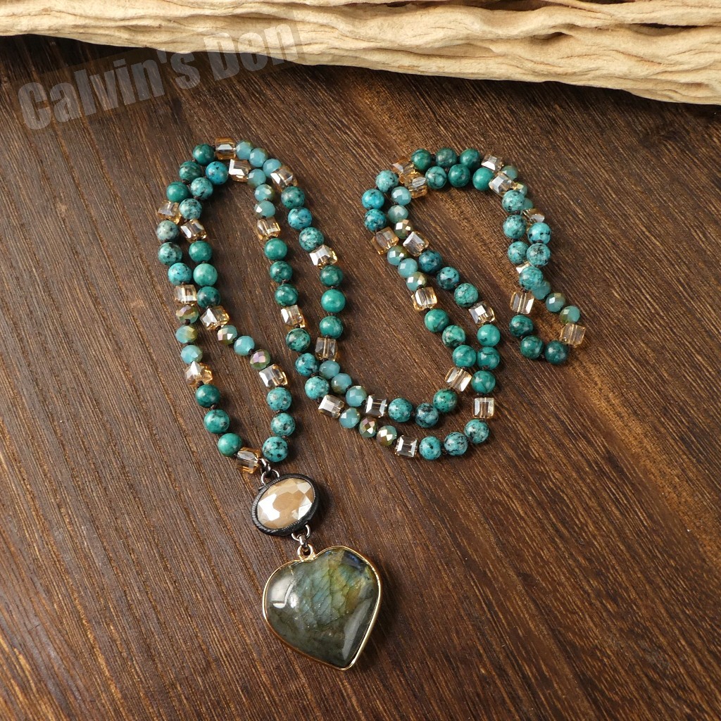 Labradorite Heart Pendant Necklace African Turquoise Jasper Beads Gift Boho