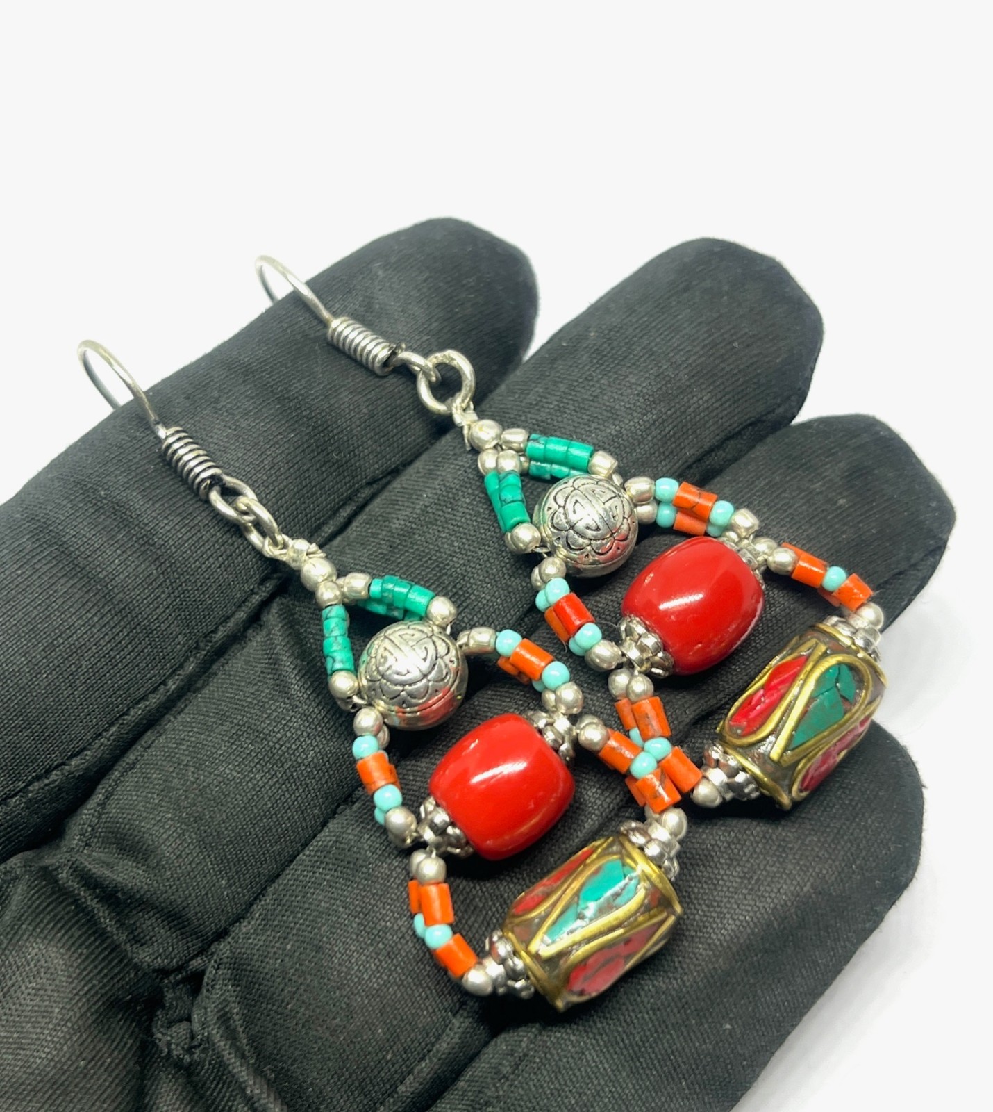 Nepalese Red Coral Turquoise Gemstone Handmade Earring Jewelry, 2.1 Inch