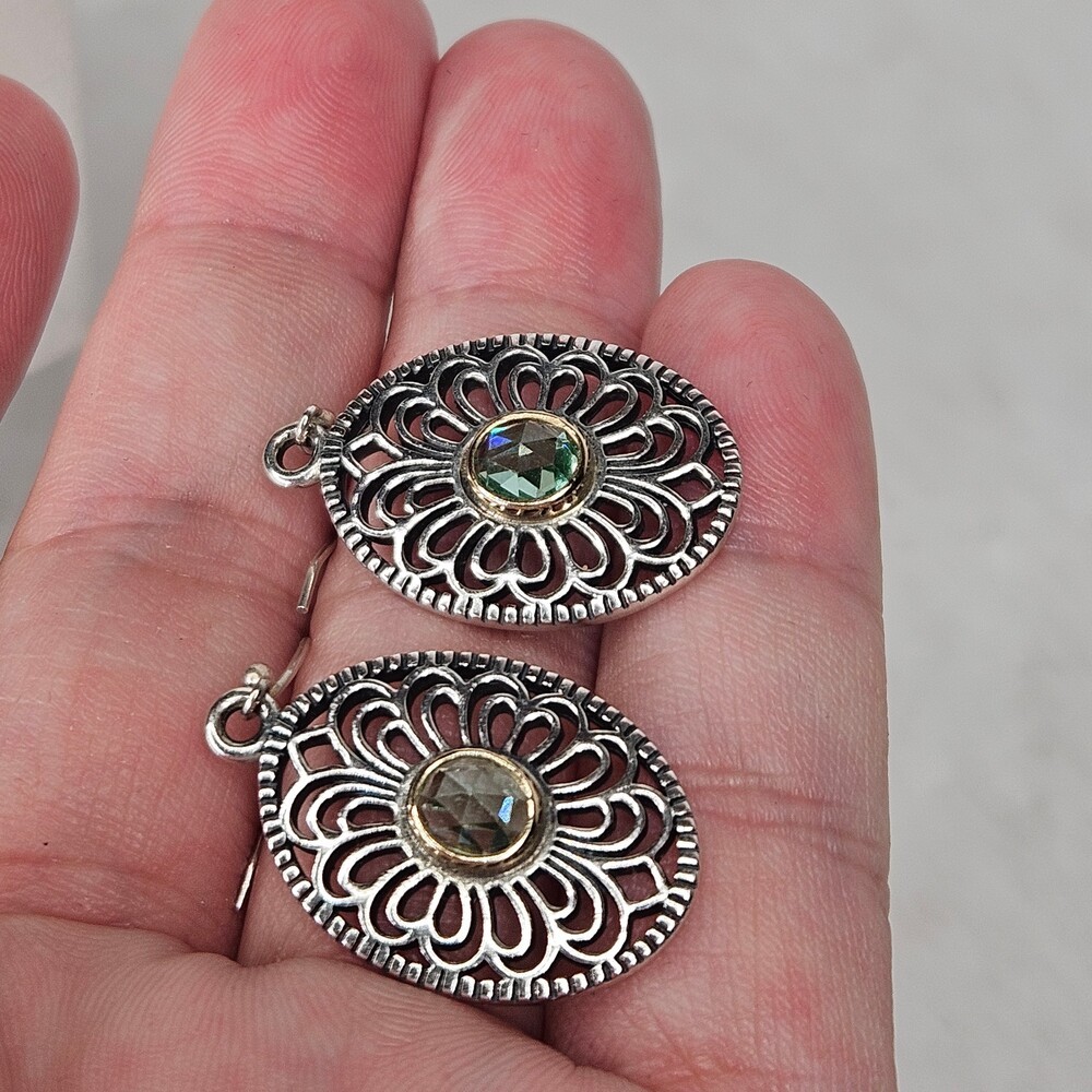 925 Sterling Silver Pandora Allure Green Spinel Filigree Hook On Earrings