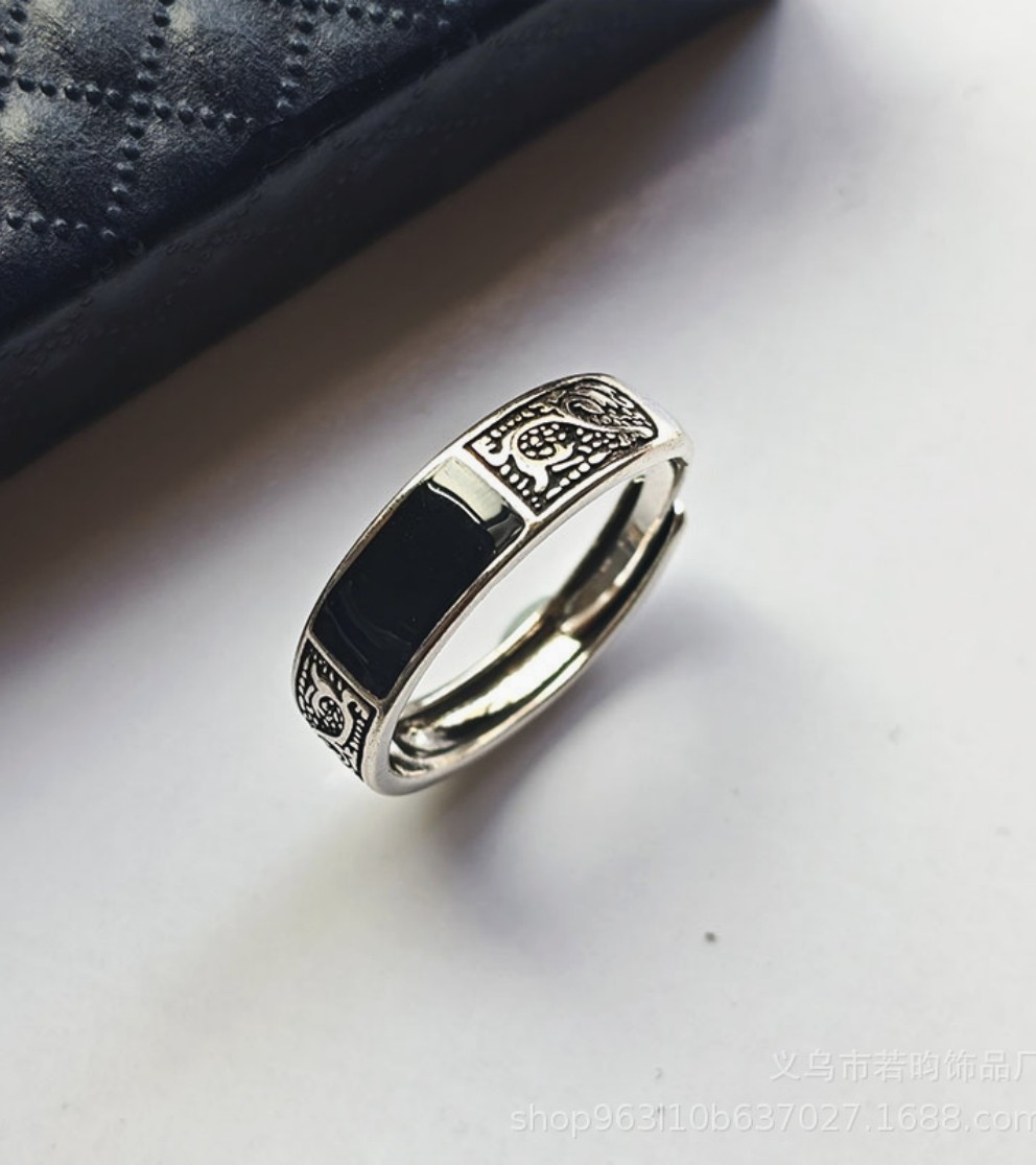 Men’s Vintage Dragon Engraved Black Enamel Adjustable Silver Tone Open Ring