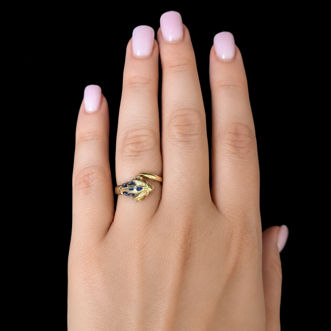 1970s Vintage 14k Gold Enamel Ram Head Bypass Ring Wrap Cocktail Gift Estate