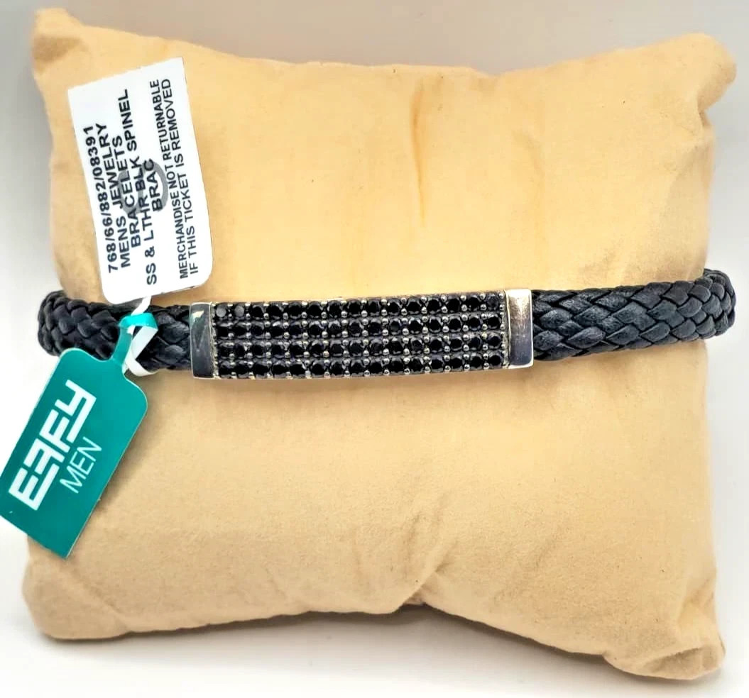 EFFY Mens Braided Black Leather Bracelet 925 Silver Black Spinel Steel Clasp