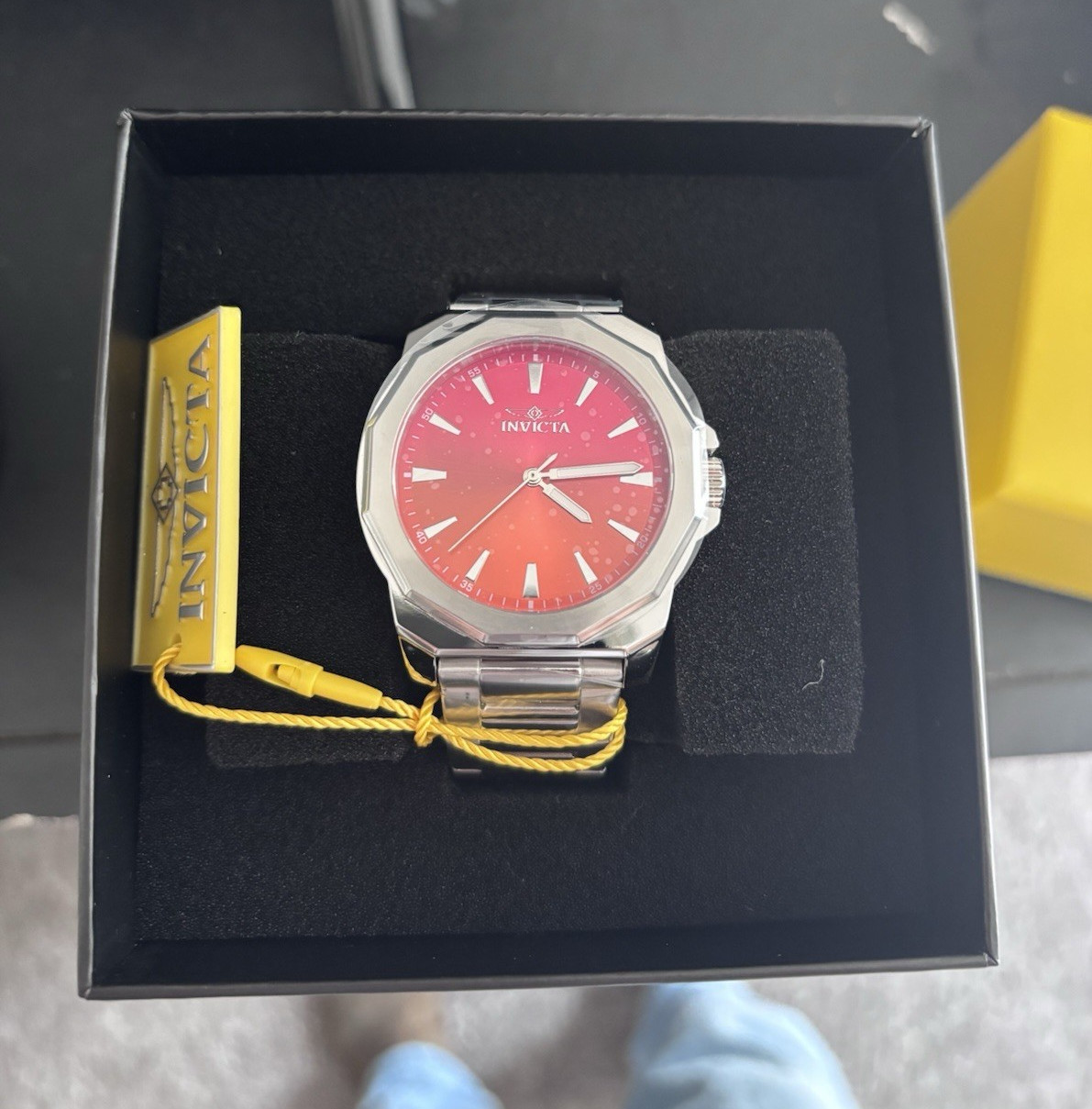 Invicta Octagon Men’s Quartz Wristwatch Red Dial SS Silver Bracelet w/ Box