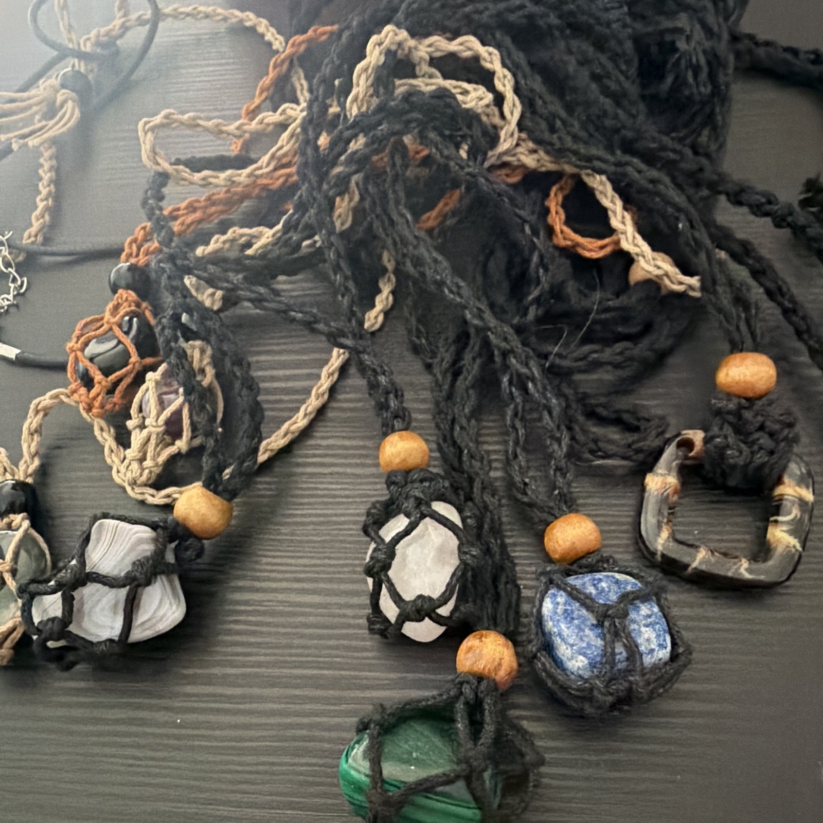 Mixed Lot Unisex Cord Necklaces w/ Stone Pendants, Black Brown Green Blue White