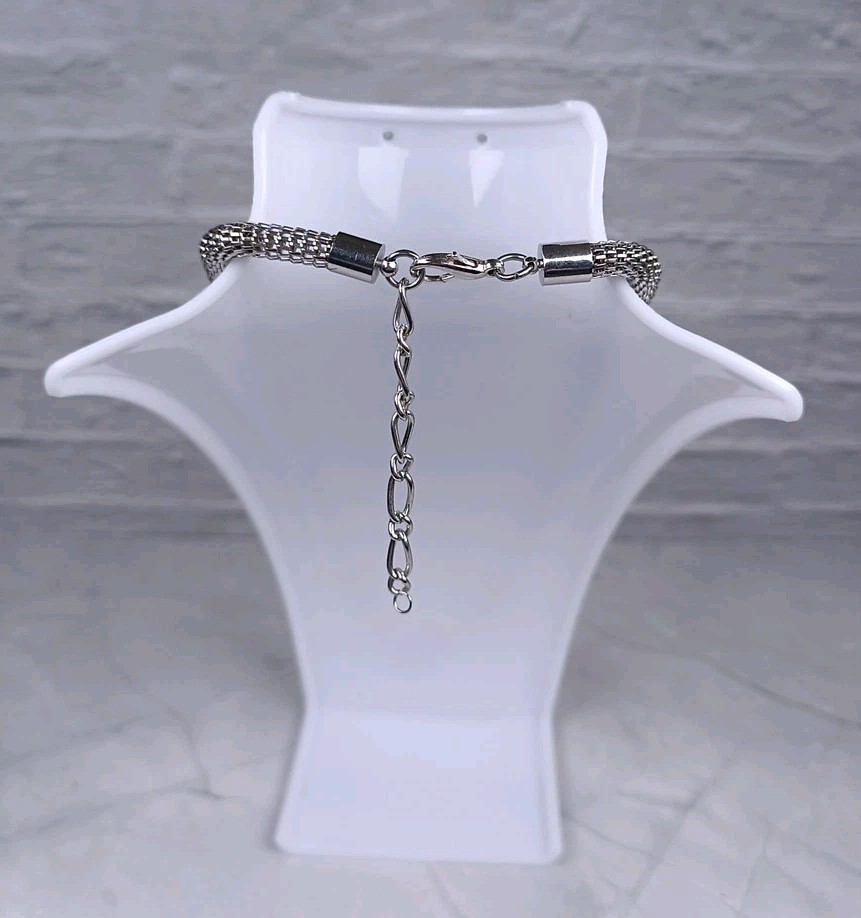 Snake Chain Necklace Silver Tone Diamante Heart Charm Copper/Silver Beads 20″